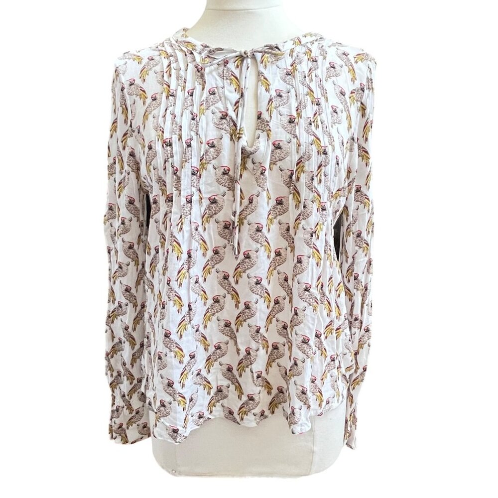 New York & Company Womens Cockatoo Parrot Print Blouse Long Sleeve Peasant Sz S
